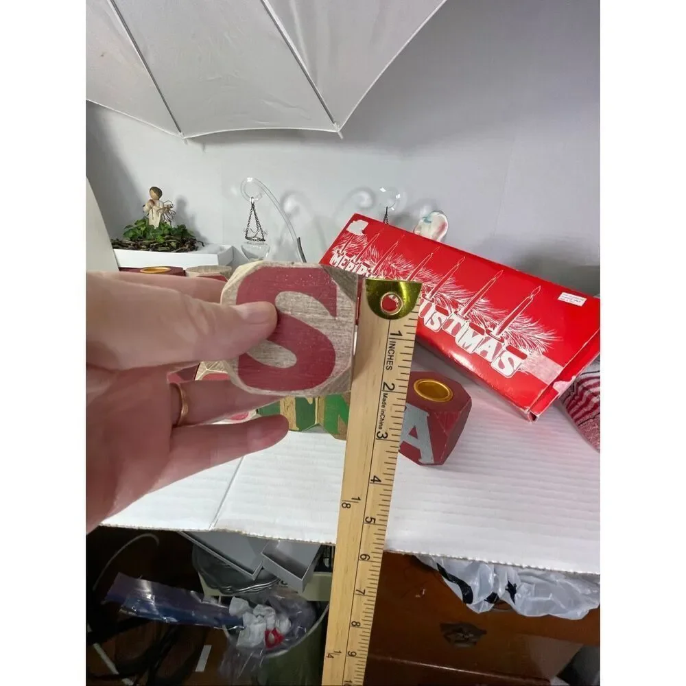 Vintage Merry Christmas primitive wooden block candle holders. Made in Taiwan.